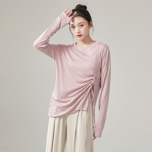 新款宽松大码古典现代舞蹈形体训练功服装抽绳圆领长袖上衣女共妍
