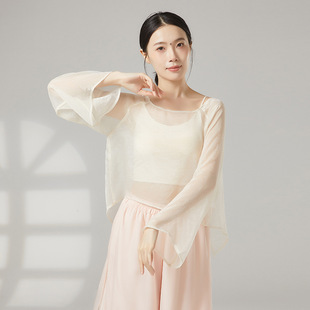 共妍飘逸宽松仙气中国风古典舞蹈艺考演出练功服后背交叉网纱上衣