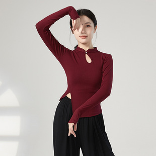 国风旗袍水滴领古典现代舞蹈形体训练功服装修身显瘦长袖套指上衣