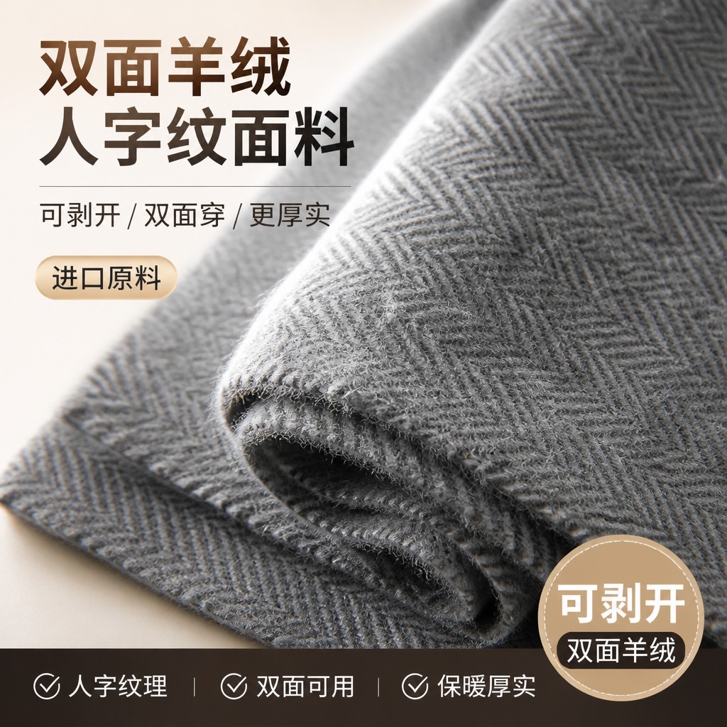 进口可剥开灰色人字纹双面羊绒面料双面羊毛呢子大衣外套条纹布料