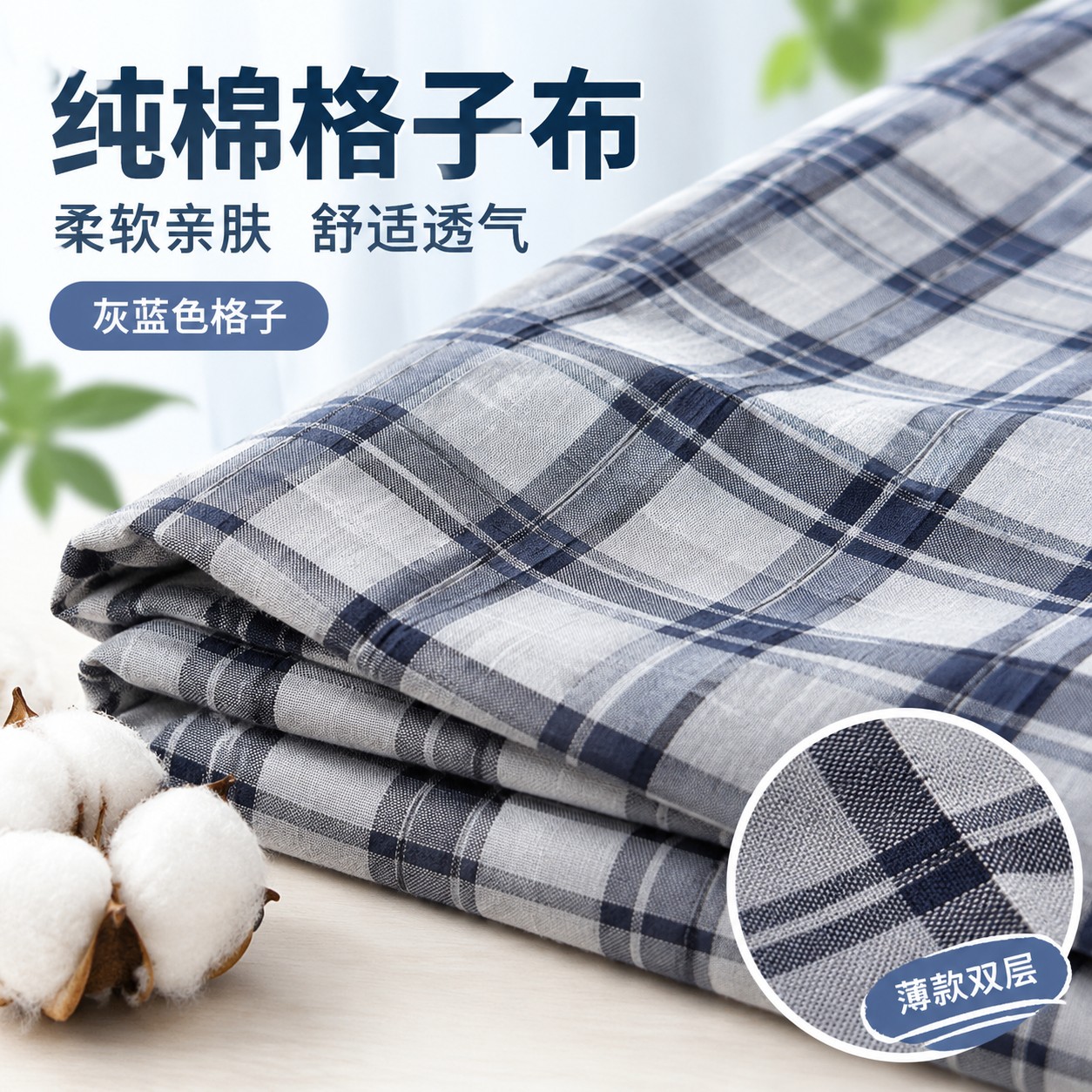 柔软亲肤灰蓝色格子薄款双层纯棉面料衬衫家居服童装格纹全棉布料