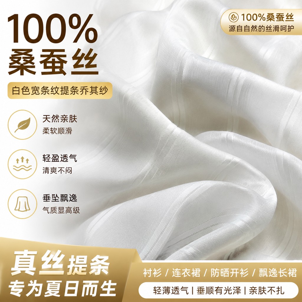 白色提条纹真丝乔其纱布料衬衫连衣裙防晒开衫100%桑蚕丝绸缎面料