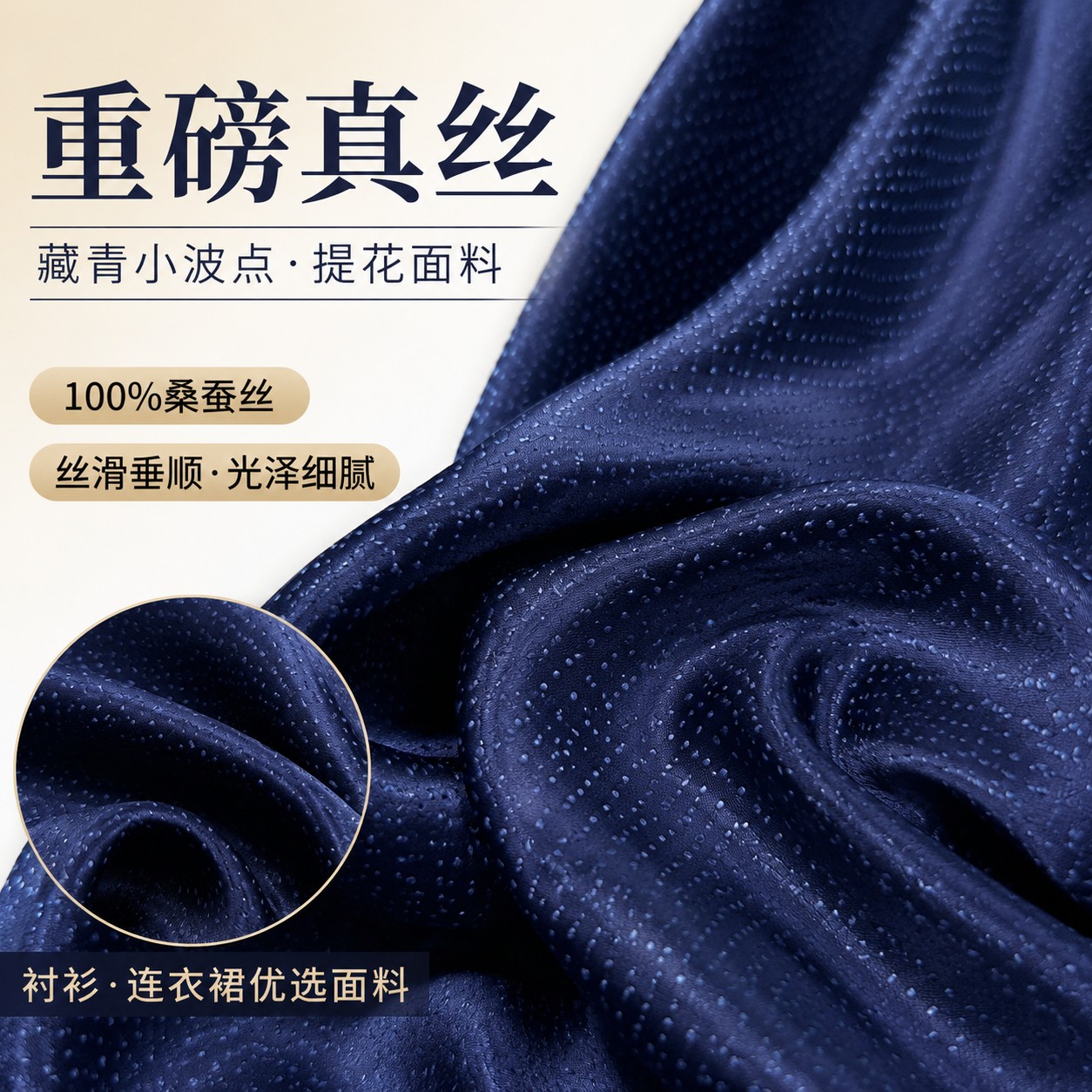 重磅藏青色小波点提花纯真丝布料衬衫连衣裙100%桑蚕丝绸缎面料夏