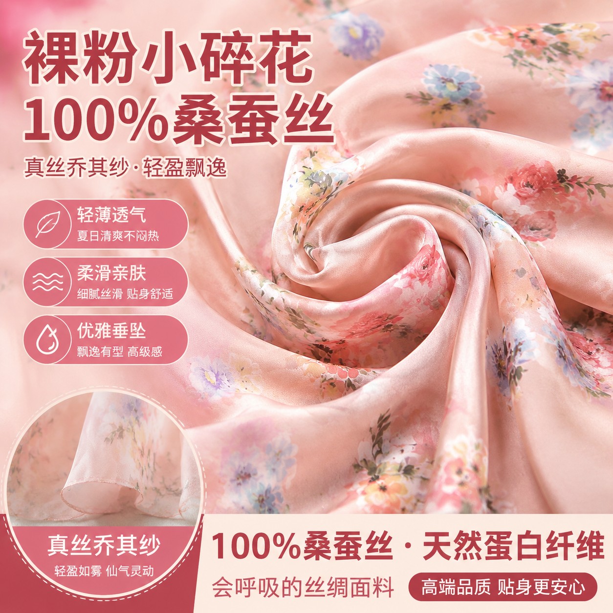 裸粉色小碎花真丝乔其纱布料衬衫连衣裙100%桑蚕丝绸缎面料飘逸夏