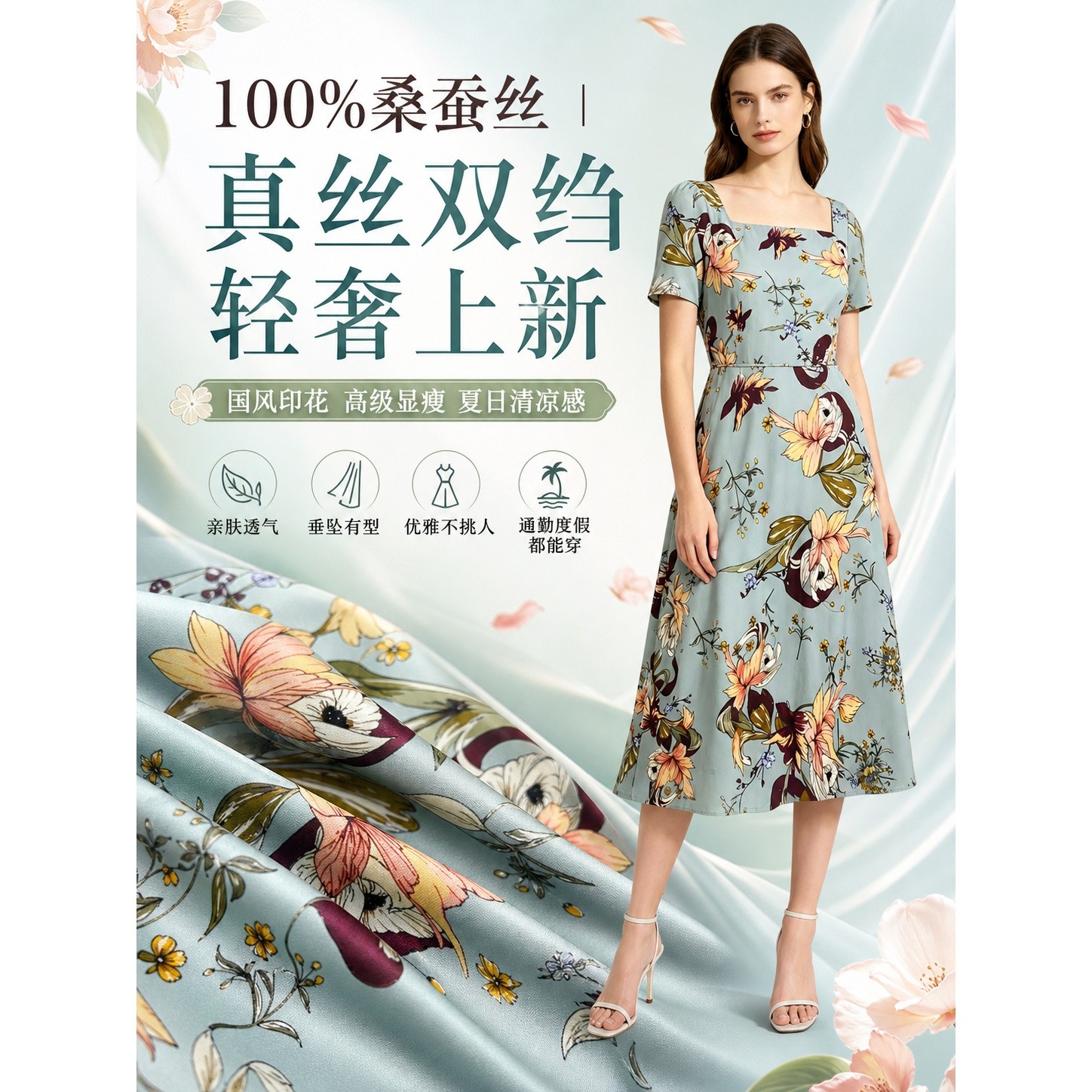 重磅豆绿色国风印花真丝双绉面料衬衫连衣裙100%桑蚕丝绸缎面料夏
