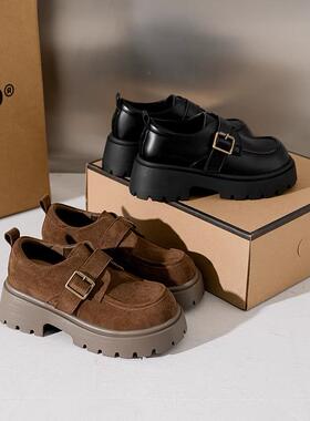厚底乐福鞋女2025春季新款复古绒面英伦风小皮鞋大码女鞋41到43