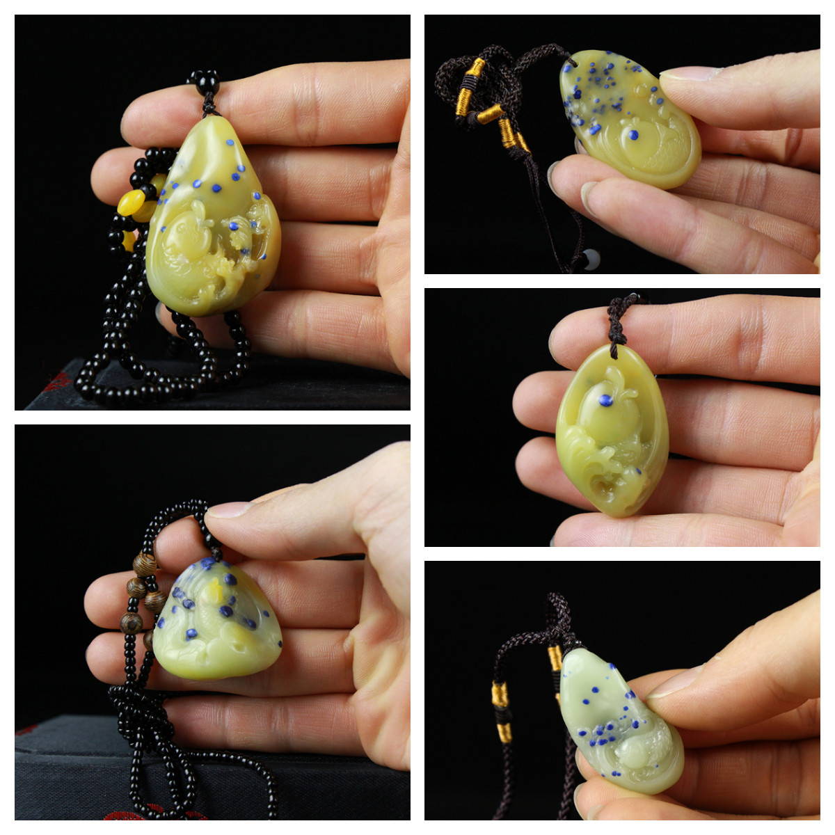 石君斋青田石雕精品挂件封门黄金底蓝星鱼年年有余手工吊坠子