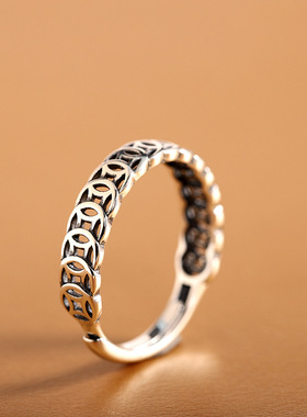 人品银品S925纯银简约个性钱币戒指时尚气质百搭男女通用开口指环