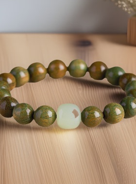 天然绿檀手串单圈圆珠女款串珠搭配和田玉朱砂转运珠中国风手饰品