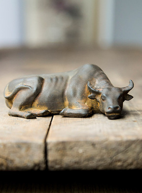 创意中式仿铸铁铁锈款水牛迷你小摆件镇纸可养茶宠桌面家居
