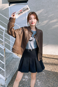 美拉德短款立领皮衣外套女春秋2025新款港风休闲宽松阔版pu皮夹克图片