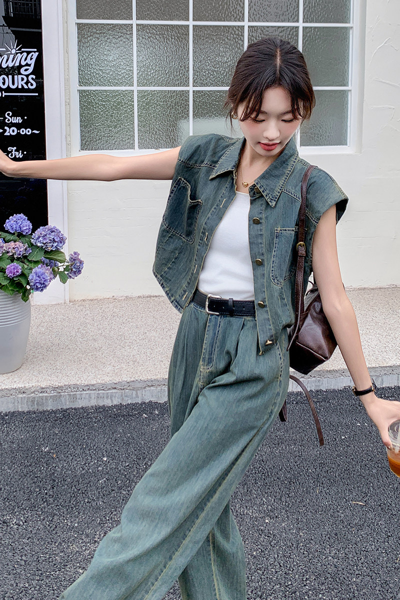 港味复古淡人牛仔两件套女2025夏季时髦上衣气质高腰阔腿裤两件套,女装套装/套裙,2C075