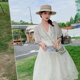 新品现货重工刺绣肌理感宽松泡泡袖V领连衣裙2C075-155-P145-K208，女装连衣裙，菡迪欧娜