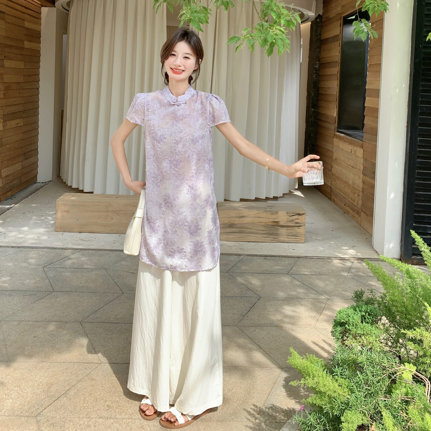 新中式国风上衣阔腿裤套装女夏2025新款大方得体穿搭两件套高级感,女装套装/套裙,2C075