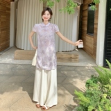 新中式国风上衣阔腿裤套装女夏2025新款大方得体穿搭两件套高级感，女装套装/套裙，2C075