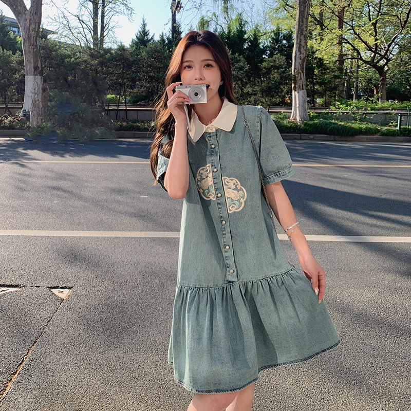新中式国风牛仔连衣裙女2024夏季新款小个子高级感衬衫POLO短裙子,女装孕妇装,菡迪欧娜