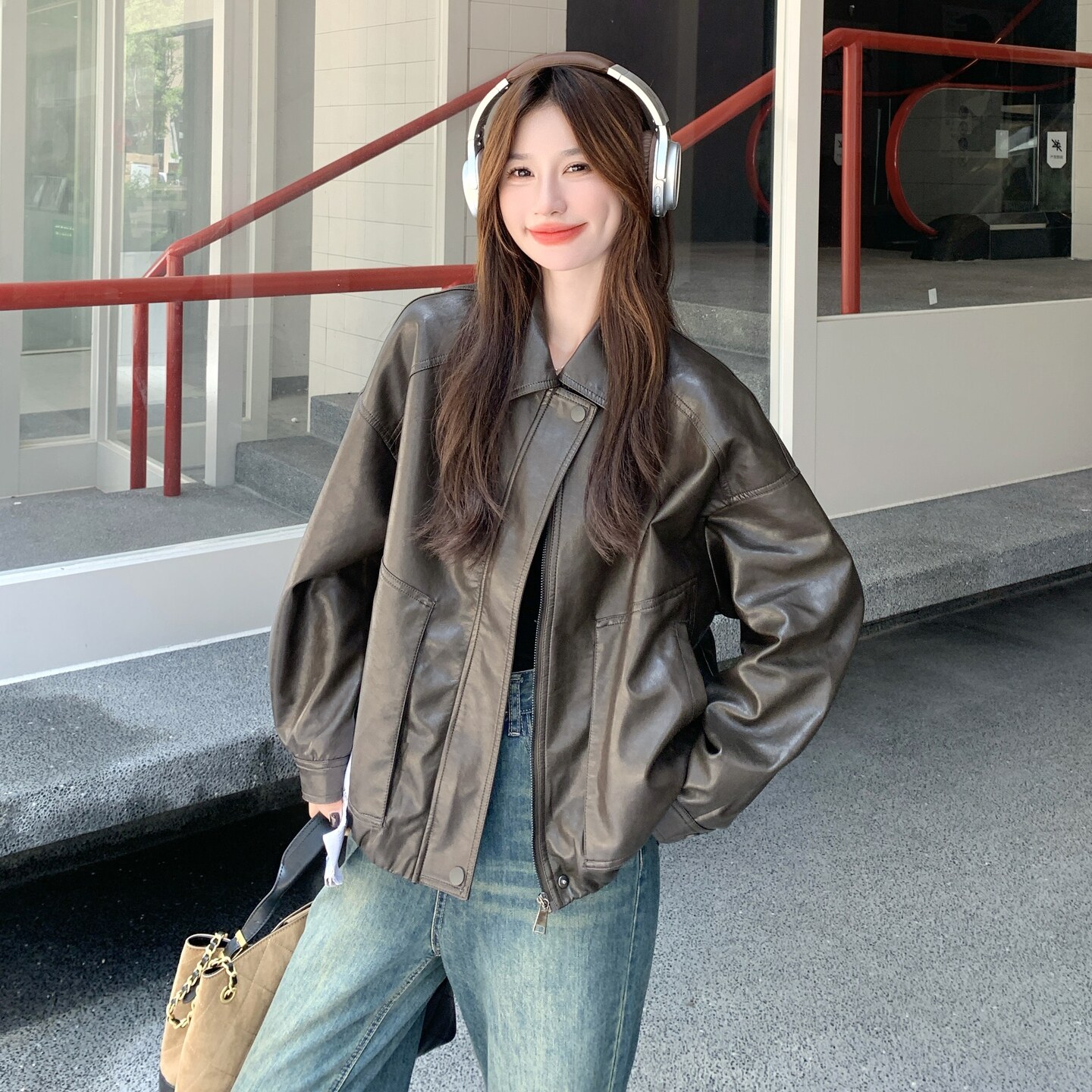 韩系高级感皮衣外套女2025早秋新款小个子超好看美式复古夹克上衣,女装皮衣,2C075
