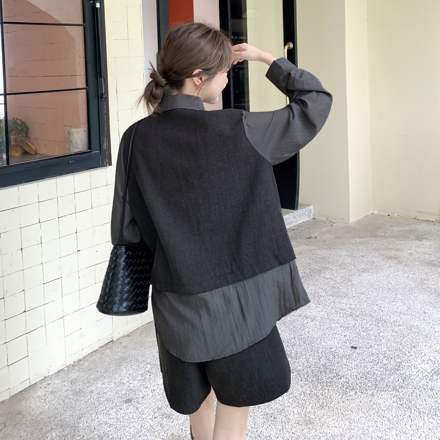 复古设计感套装女2025秋新款小个子轻熟风撞色拼接衬衫短裤两件套,女装套装/套裙,2C075