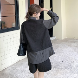 复古设计感套装女2025秋新款小个子轻熟风撞色拼接衬衫短裤两件套图片