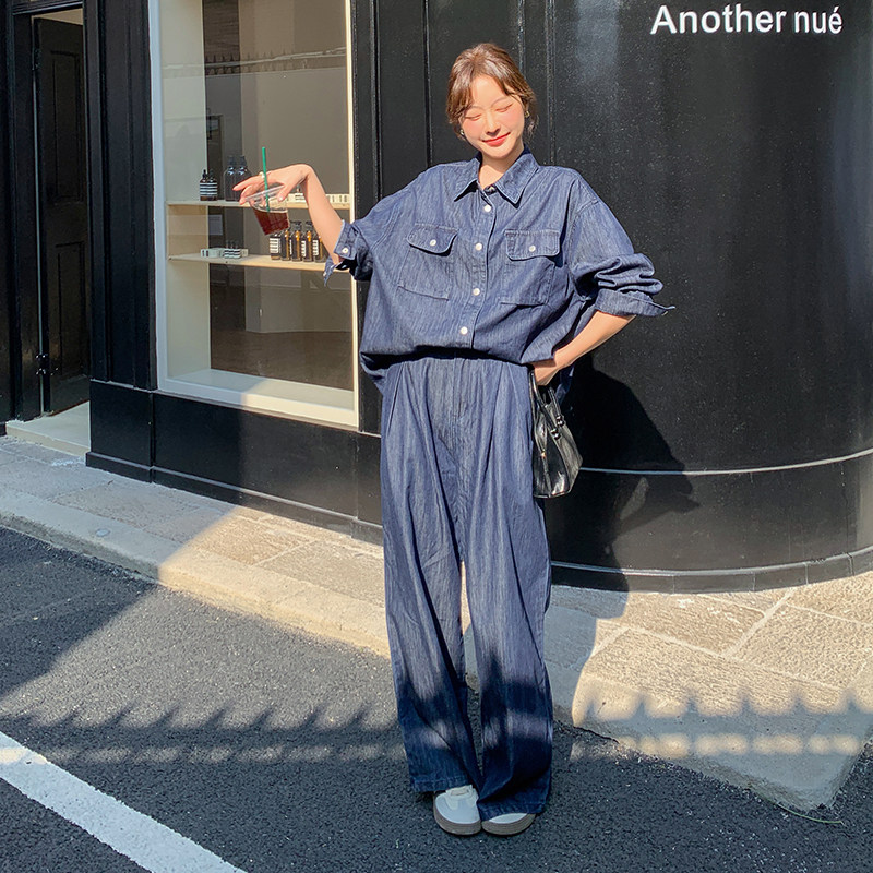 新品大货宽松复古牛仔衬衫外套阔腿裤两件套6005-P175-K248,女装套装/套裙,2C075
