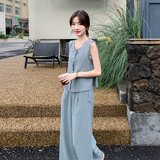 新品主推麻料毛边无袖上衣+阔腿裤两件套629-P165-K228，女装套装/套裙，2C075