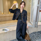新品拼色牛仔外套+阔腿裤两件套688-P175-K248，女装套装/套裙，2C075