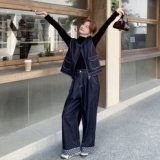 时尚拉链马甲背心牛仔阔腿裤套装女2025秋帅气坎肩直筒长裤两件套，商品下架区，菡迪欧娜