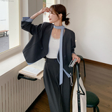 韩系高级感时尚灰色西装套装女2025春季新款休闲宽松阔腿裤两件套，女装套装/套裙，菡迪欧娜