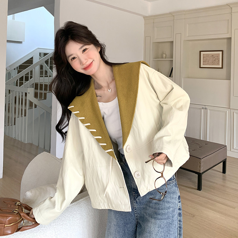 新品针织撞色大翻领拼接皮短款外套6021-P165-K248,女装短外套,2C075