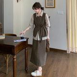 新品系衬衫+百搭马甲+长款半身裙三件套装6036-P195-K278，女装套装/套裙，2C075