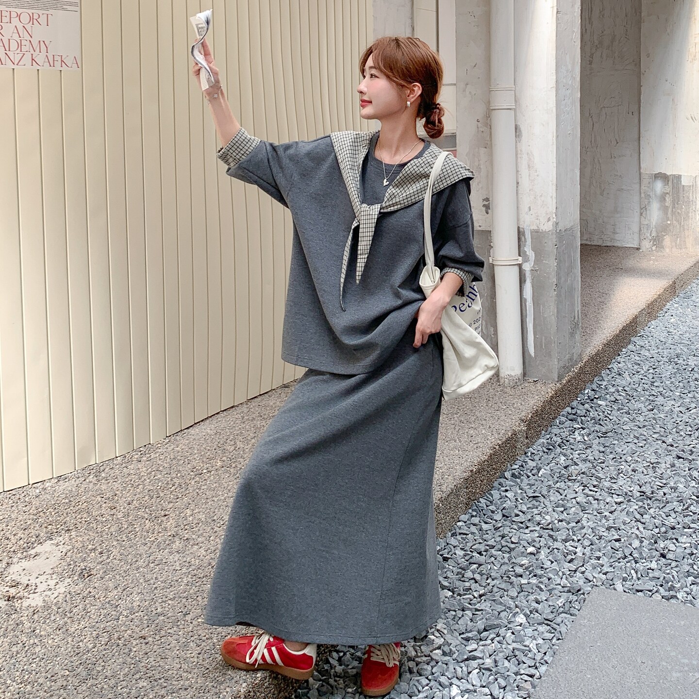 灰色格子拼接连帽卫衣套装裙女2025春秋新款韩版宽松减龄两件套潮,女装套装/套裙,2C075