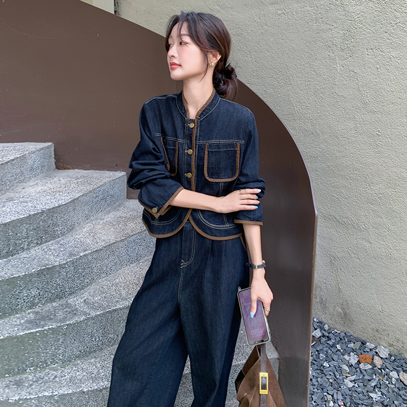 甜美减龄蓝色牛仔上衣套装女春秋2025新款又a又飒显瘦韩系两件套，女装套装/套裙，菡迪欧娜