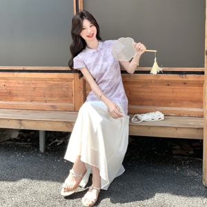 2025年夏季新款新中式国风紫色唯美气质显瘦提花盘扣拼接连衣裙女图片
