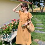 浅橘色漏腰V领连衣裙女2023夏新款法式轻熟风露腰设计感小众裙子，女装连衣裙，2C075