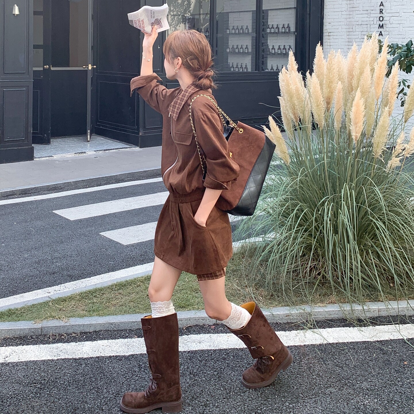 美拉德复古麂皮绒外套短裙套装女2025秋季新款甜酷风显瘦两件套潮,女装套装/套裙,菡迪欧娜