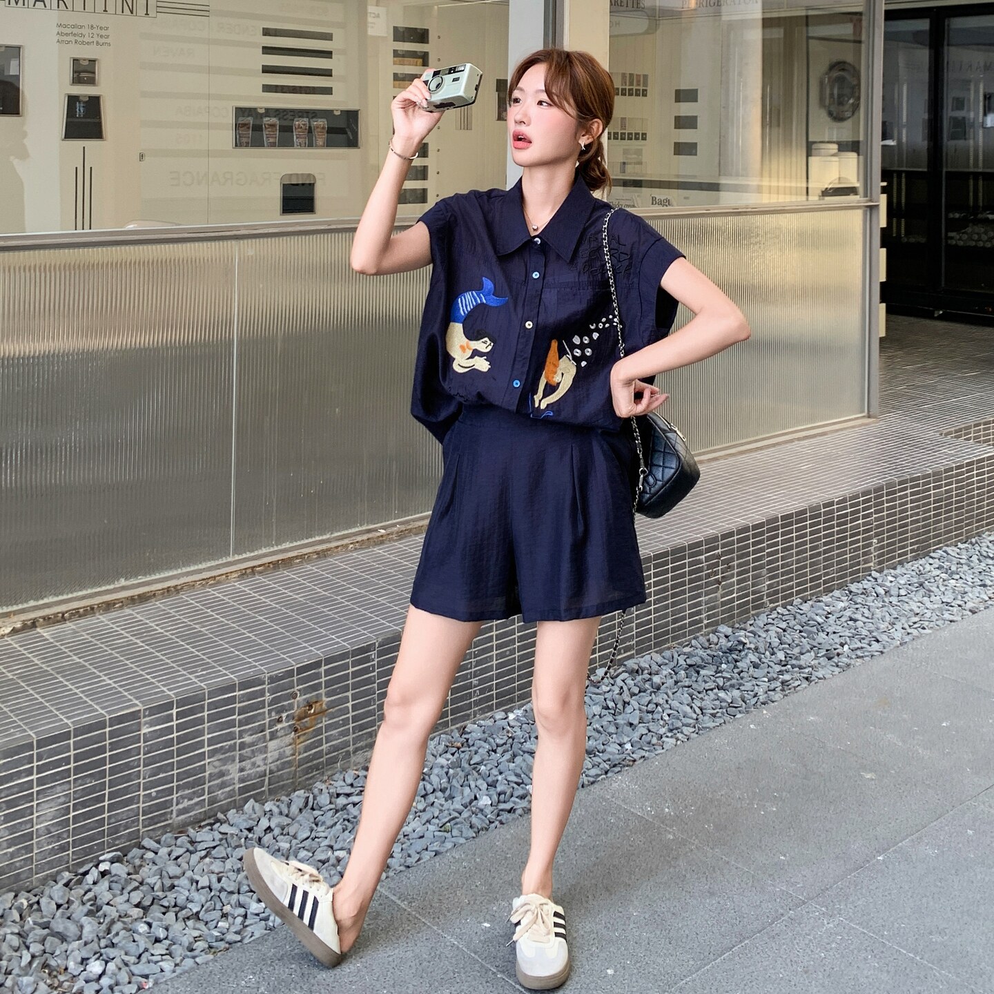 新品主推轻薄趣味刺绣藏青色两件套套装8687-P165-K238,女装套装/套裙,2C075