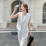 气质米白色蕾丝拼接马甲套装裤女夏2025新款盐系轻熟高级感两件套，女装套装/套裙，2C075