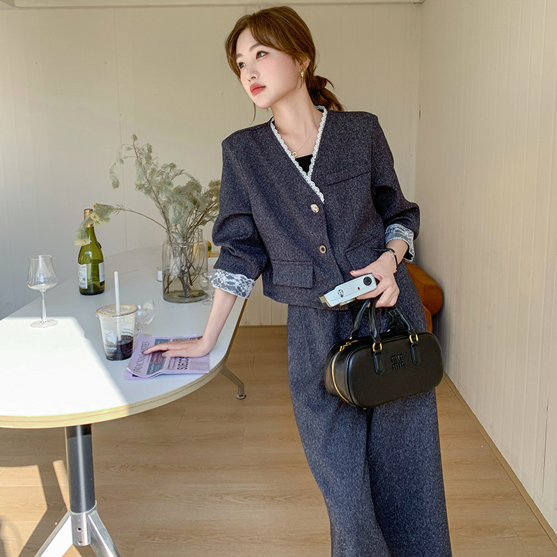 新品大货蕾丝拼接上衣+八分阔腿裤两件套套装6009-P175-K258,女装套装/套裙,2C075