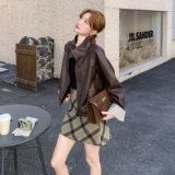 新品首大货主推韩系条纹拼接皮衣宽松感盐系外套838-P155-K238，女装皮衣，2C075