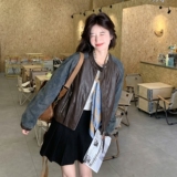 [大货】水洗牛仔拼接皮衣短外套2C075-26017-P175-K288，女装皮衣，2C075