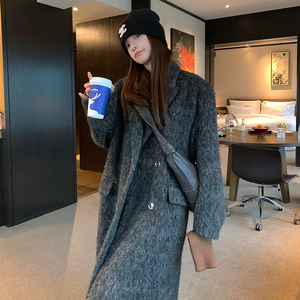 美式复古深灰色中长款毛呢外套女秋冬超火好看高级感加厚呢子大衣图片