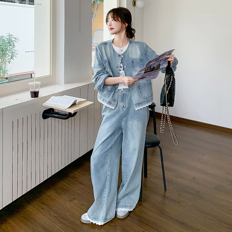 新品大货洗白复古蕾丝花边牛仔阔腿裤两件套6030-P195-K278,女装套装/套裙,2C075