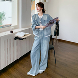 新品现货洗白复古蕾丝花边牛仔阔腿裤两件套6030-P195-K278，女装套装/套裙，菡迪欧娜