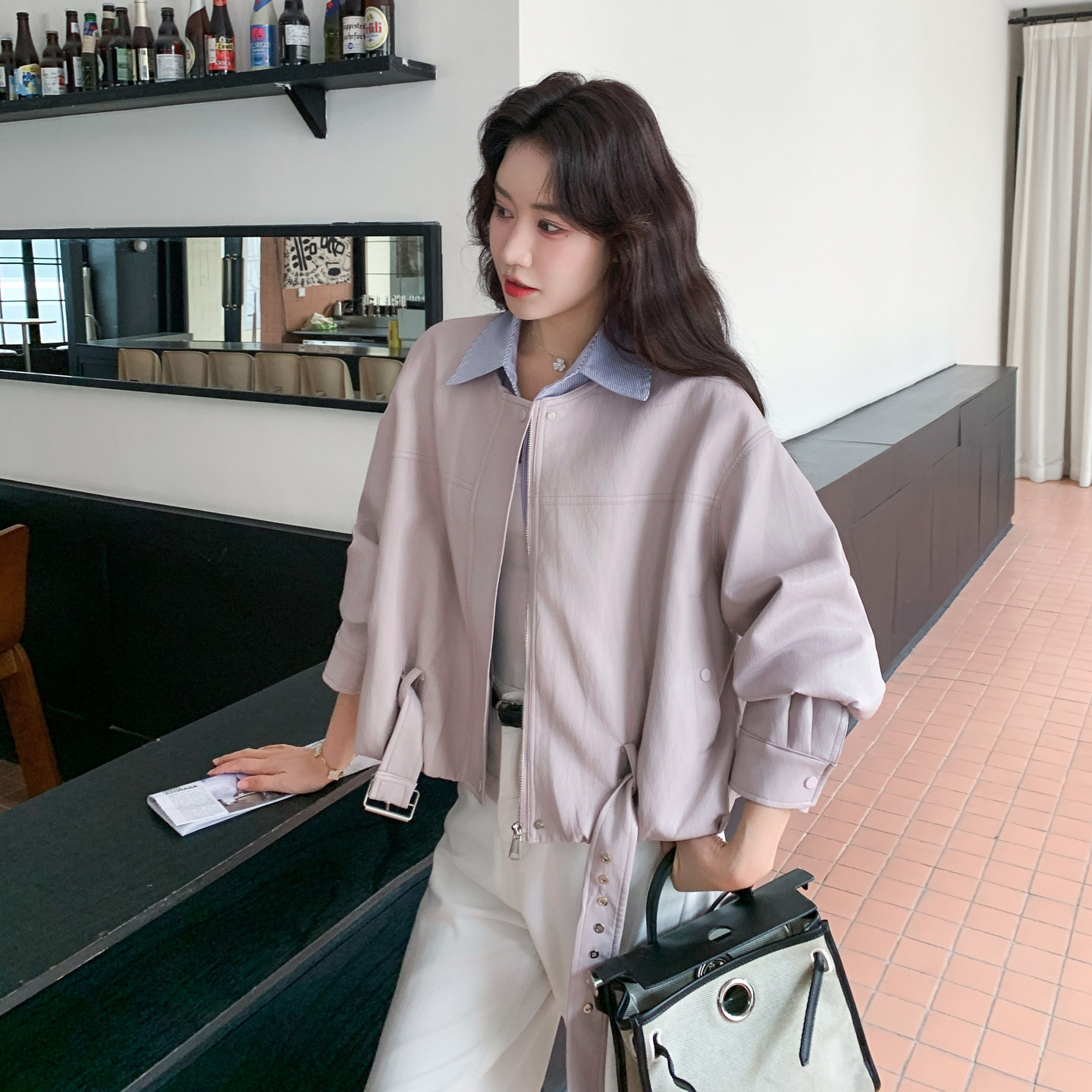 [大货】紫粉色拼接条纹皮衣外套2C075-26029-P175-K288,女装短外套,2C075