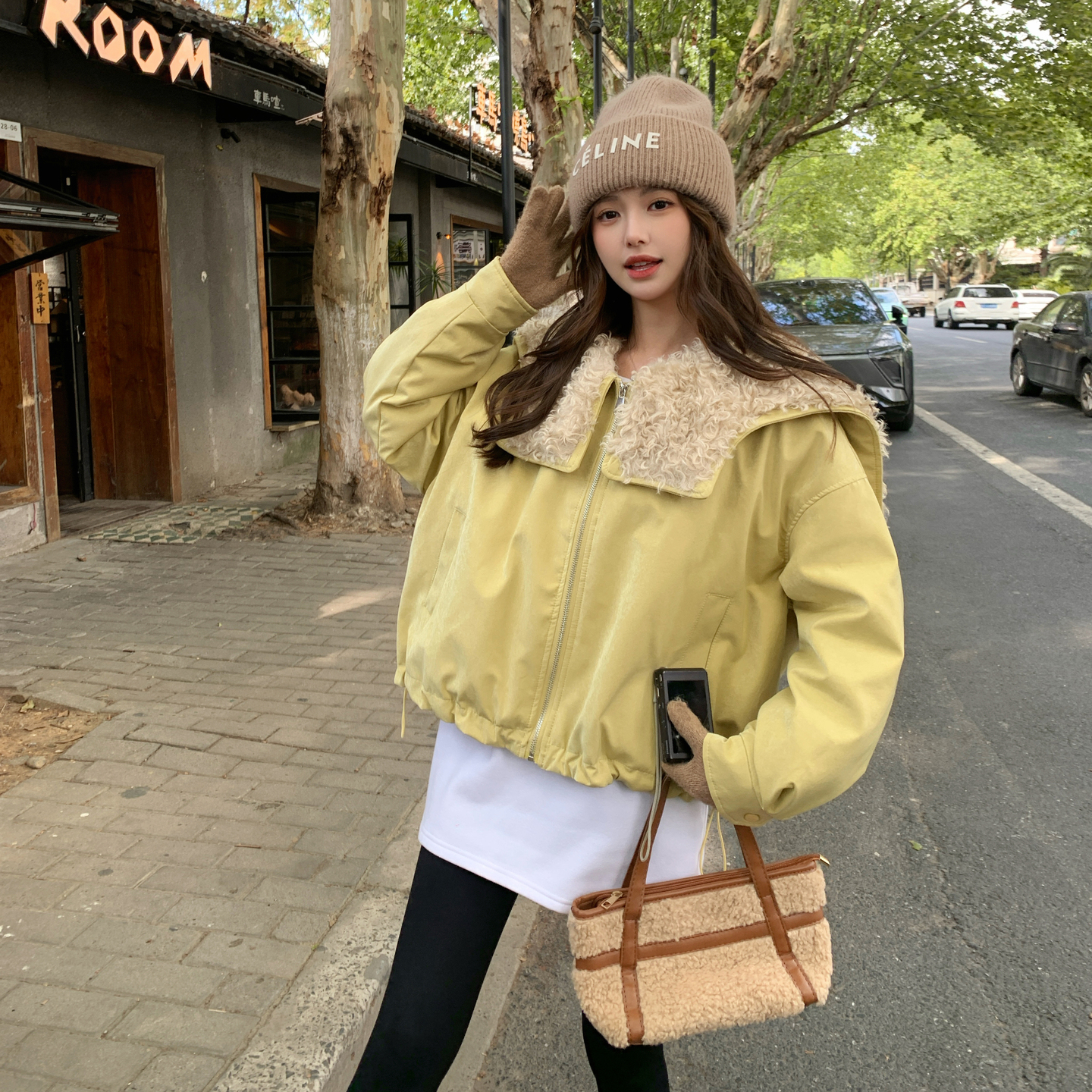 新品大货主推款羊羔毛拼接90白鸭绒内胆派克服外套895-P305-K448，女装羽绒服，菡迪欧娜