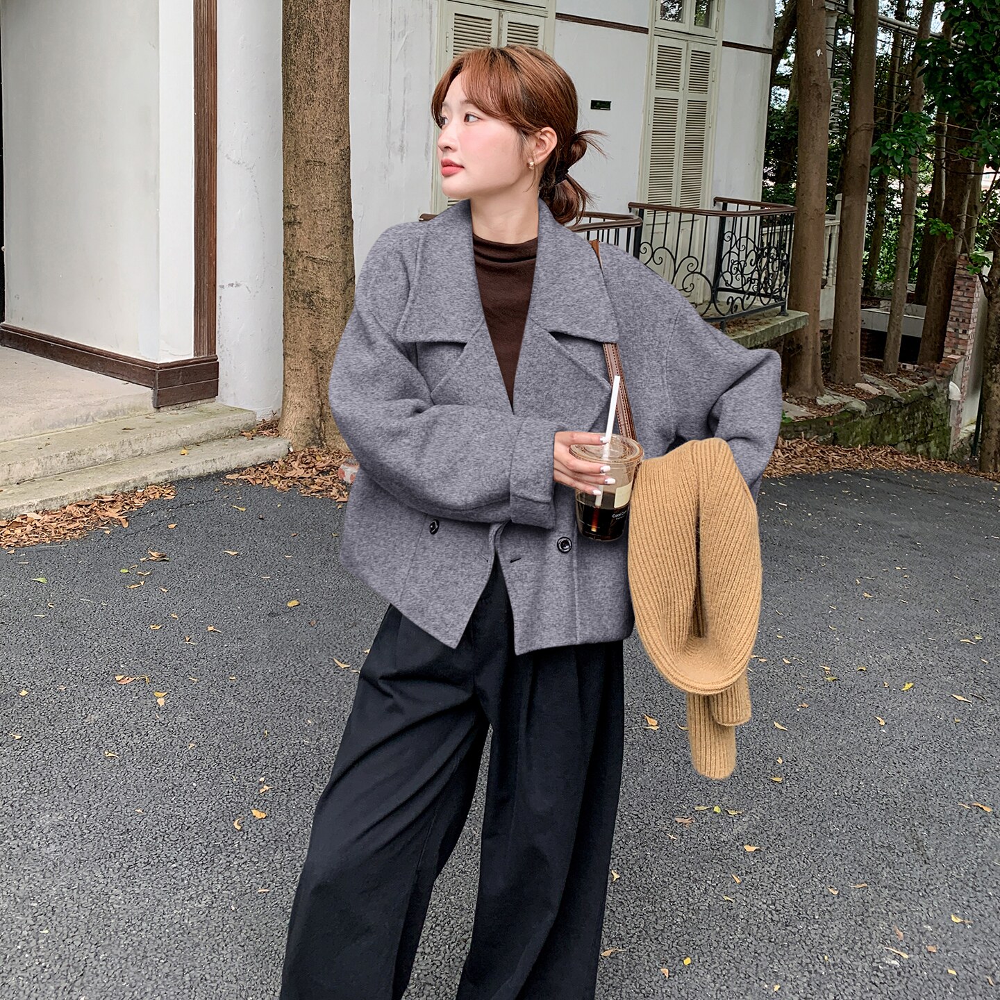 灰色双面呢羊毛大衣女秋冬2025新款短款高级感时髦洋气爆款流行,女装毛呢外套,菡迪欧娜