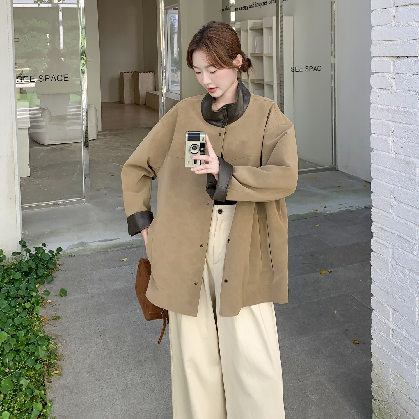 复古时尚设计感两面穿皮衣外套女春秋超火好看高级小众中长款大衣,女装皮衣,2C075