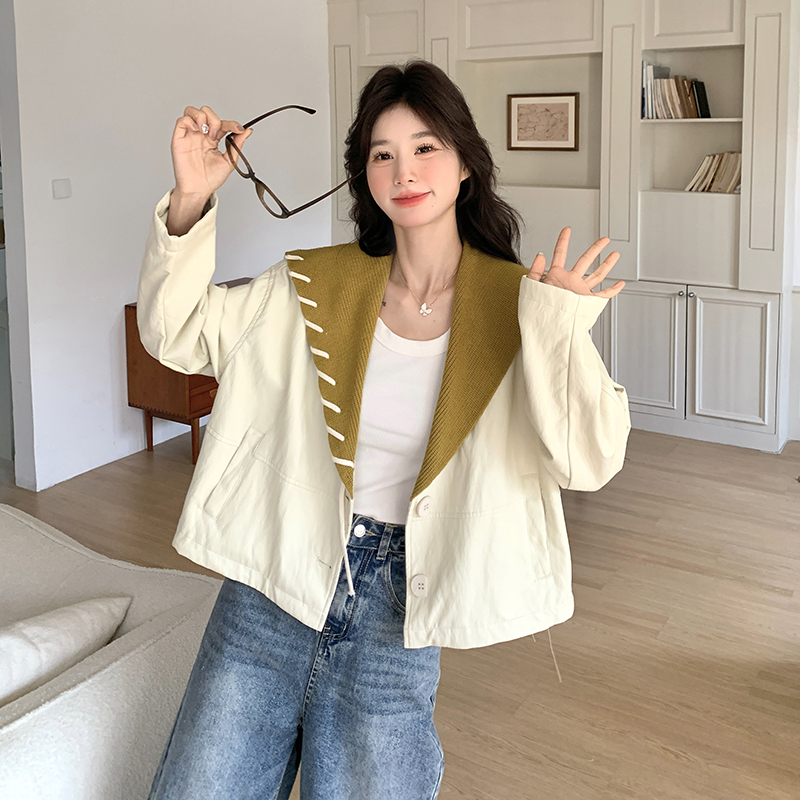 独特超好看针织海军领短款皮衣外套女春季2025新款设计感小众上衣，女装短外套，菡迪欧娜
