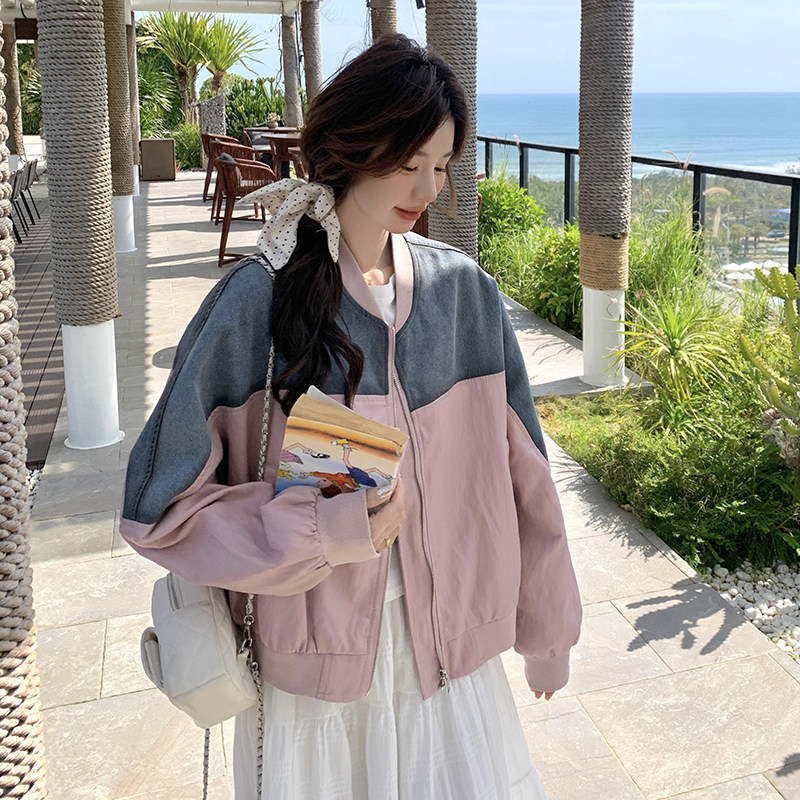 新品粉色复古牛仔拼皮宽松休闲外套6018-P155-K228,女装短外套,2C075
