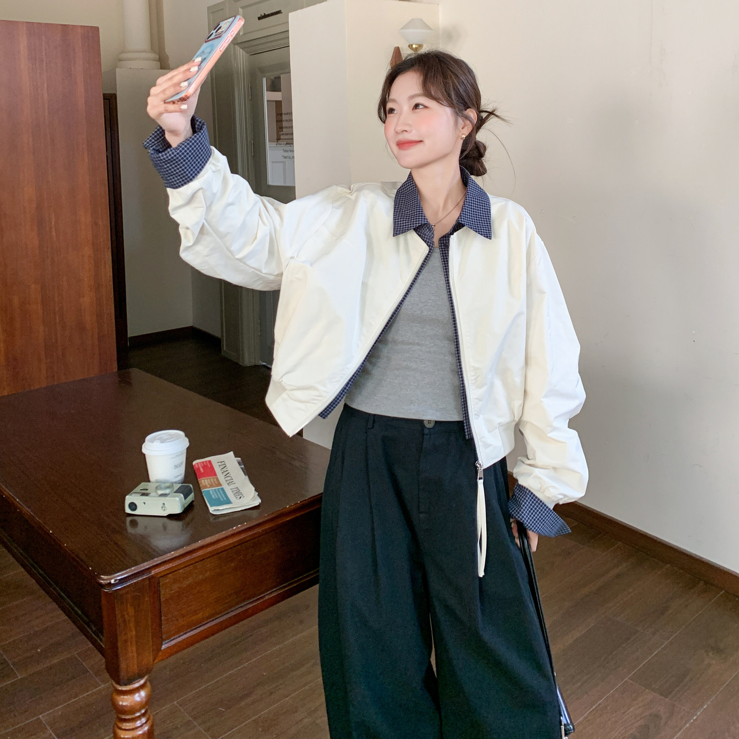 【大货】格子拼接白色棒球服外套2C075-26031-P175-K288,女装短外套,2C075